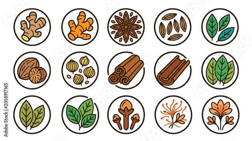 Fotografía Collection of various spices and herbs in circular icons.