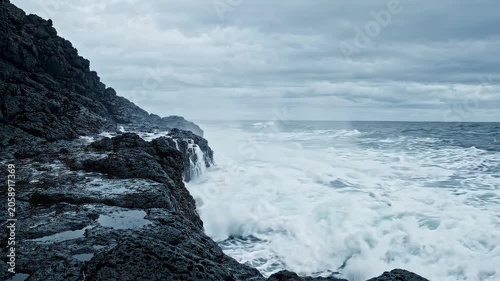 Crashing waves on a rocky coastline under a cloudy sky