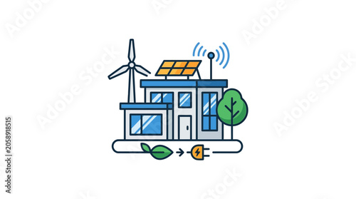 Bild auf Leinwand Eco-friendly house with solar panels and wind turbine, sustainable energy concep