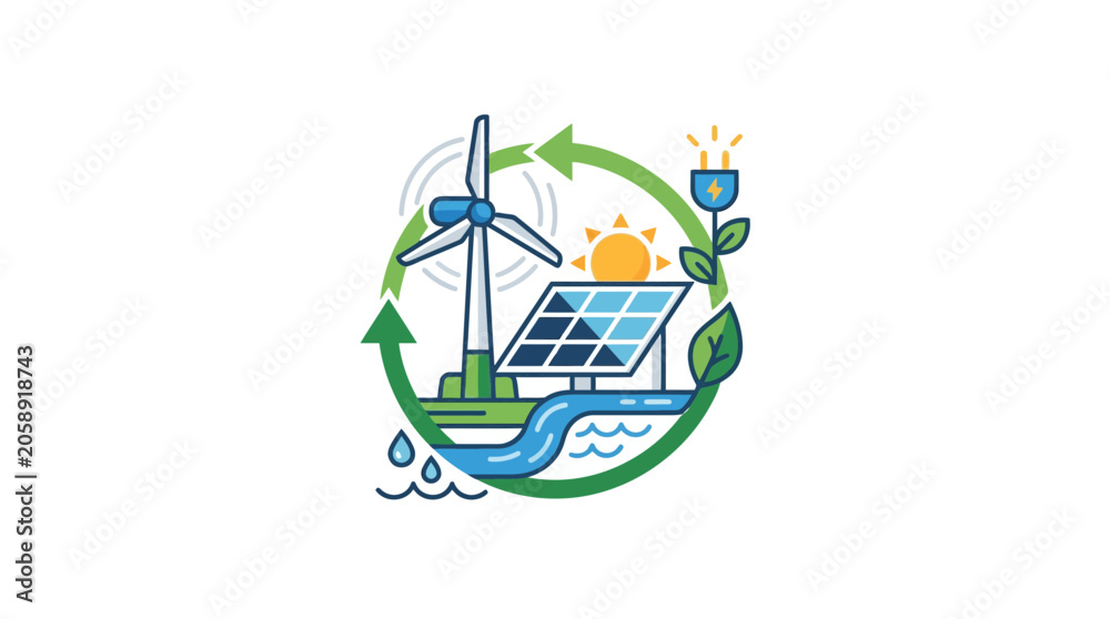 Obraz premium Renewable Energy Cycle: Wind Turbine, Solar Panel, Water, Plant