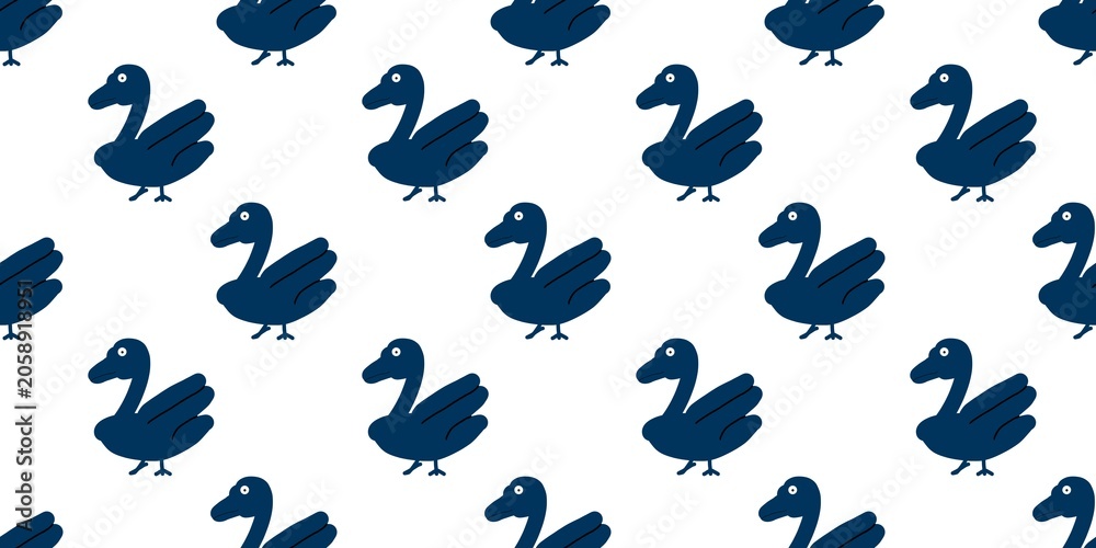 Fototapeta premium A seamless pattern featuring charming, dark blue stylized goose illustrations in a repeating grid on a white background. Perfect for textile and paper design.