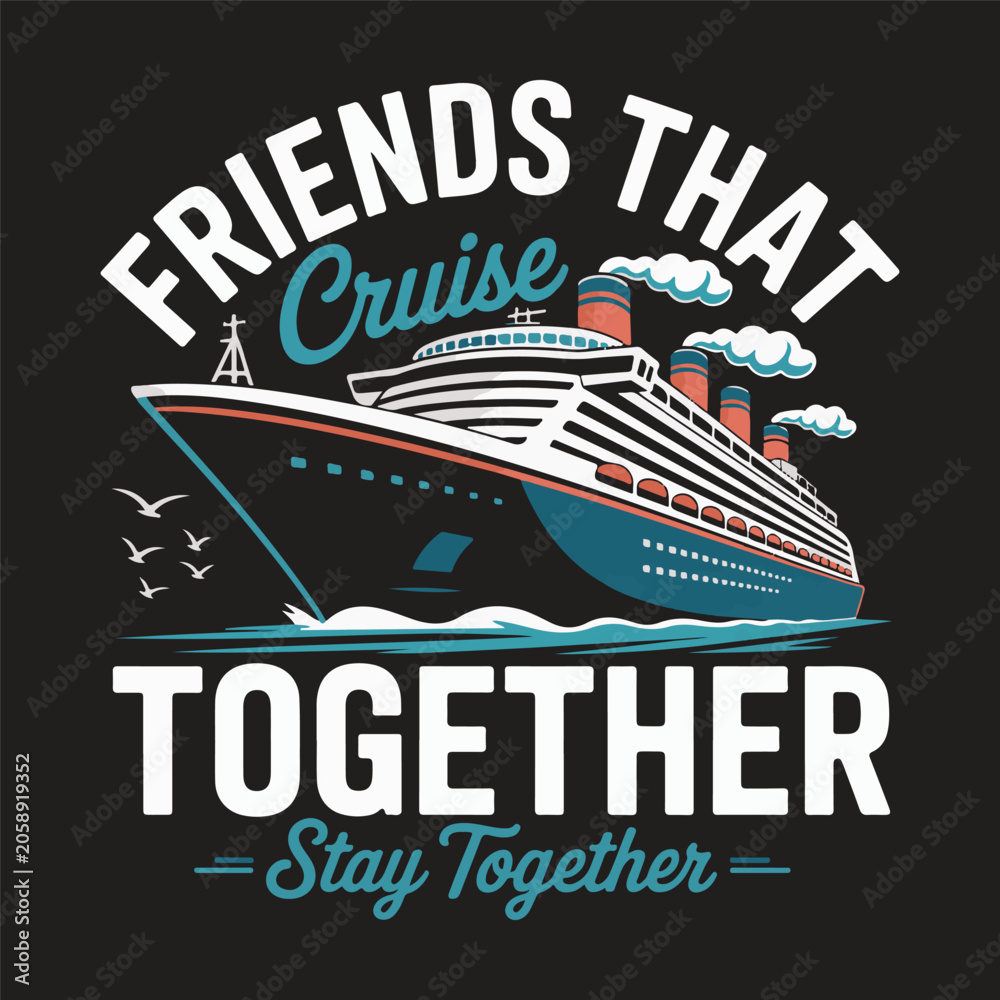 Obraz premium Friends That Cruise Together Stay Together Typography T Shirt Design with Cruise Ship Vector Illustration