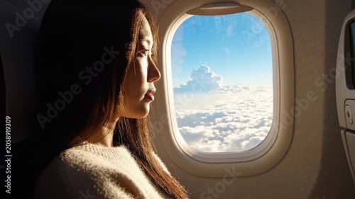 Woman looking out airplane window at clouds during golden hour