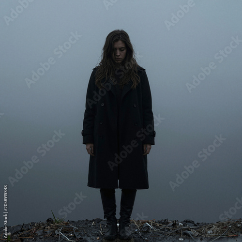 Solitary Woman Standing in Fog