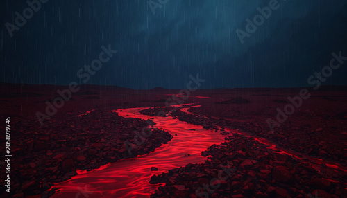 Flowing lava rocky landscape rainy night sky