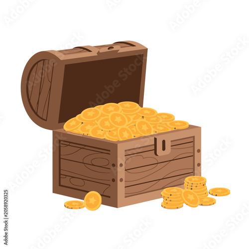Fotografie Open Wooden Treasure Chest Filled with Gold Coins Vector Illustration