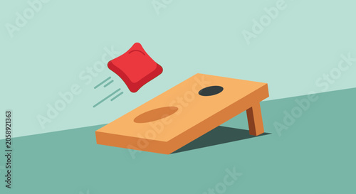 Red bean bag flying towards wooden cornhole board with black and brown holes on green background