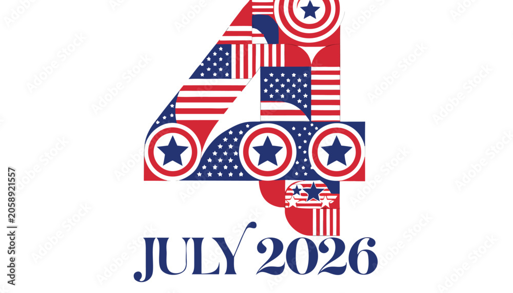 Fototapeta premium Large number four decorated with patriotic American flag star patterns