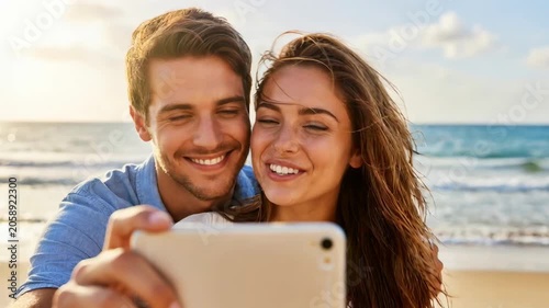 Smiling young couple taking a selfie on a sandy beach at golden hour, an affectionate romantic moment with ocean waves and warm sunlight