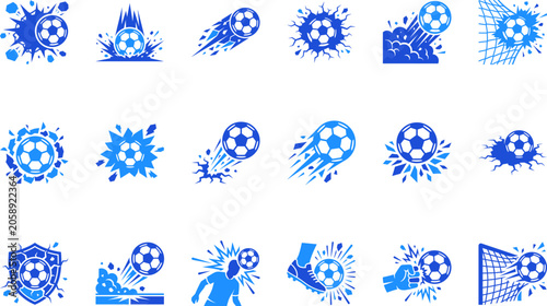Foto Dynamic soccer ball icons capturing motion and impact during a game with energy effects