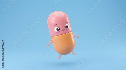 3D render of a cute pill character illustrating health, wellness, and medical care isolated on a blue background.