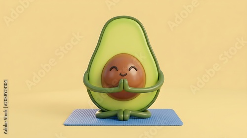 3D render of a cute avocado character illustrating wellness and mindfulness isolated on yellow background