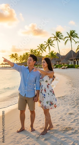 Couple enjoying a beautiful sunset on a tropical beach vacation.