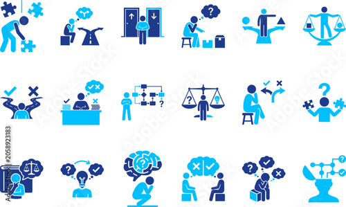 Obraz na płótnie Thoughtful blue cartoon icons depicting decision making, confusion, and problem solving