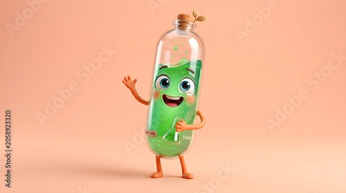 3D render of a cute green elixir bottle character illustrating natural wellness and scientific exploration isolated on a peach background.