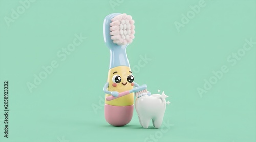 3D render of a cute toothbrush character illustrating oral hygiene and dental care isolated on a mint green background
