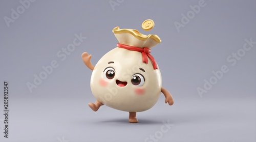 3D render of a cute money bag character illustrating financial growth and prosperity isolated on light purple background.