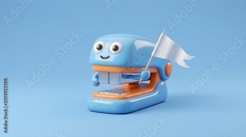 3D render of a cute stapler character illustrating fresh beginnings and opportunity isolated on blue background.