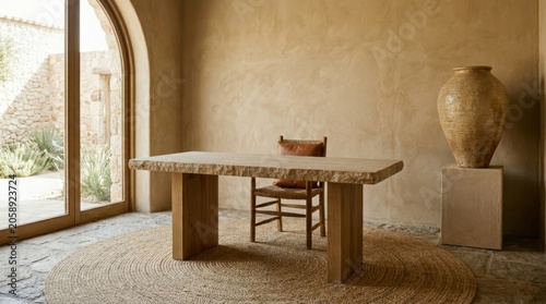 Rustic stone dining table with woven chair and large terracotta vase