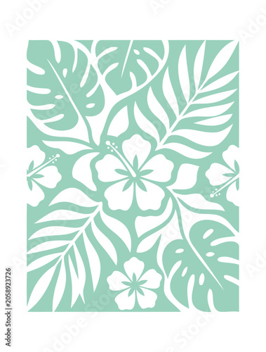 Tropical leaves and flowers pattern in mint green on white background ideal for wallpaper and textile design with natural elements