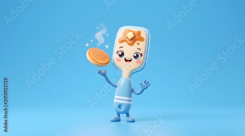 3D render of a cute pancake spatula character joyfully flipping pancakes, illustrating breakfast delight isolated on a blue background.