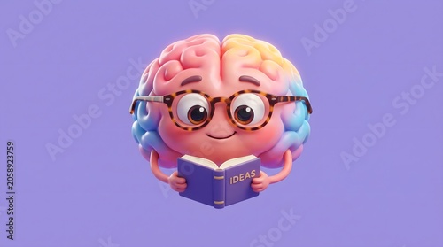 Cute 3D brain character with glasses reading 'IDEAS' book, symbolizing intelligence, learning, and creative thinking, isolated on a purple background.