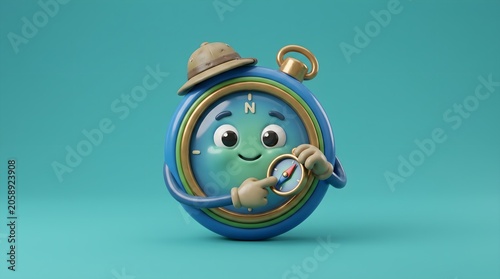 3D render of a cute compass character illustrating guidance and strategic direction isolated on teal background.