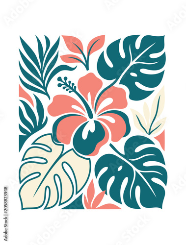 Tropical floral pattern featuring large pink hibiscus flower surrounded by green and yellow monstera leaves on white background ideal for textile and wallpaper