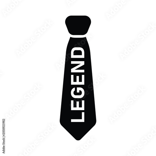 Black necktie with white 'LEGEND' text on it simple graphic illustration on white background perfect for business and professional themes