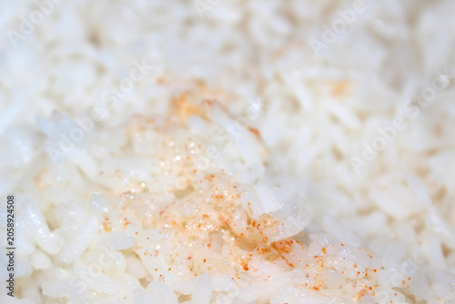Close up of seasoned white rice. Delicious cooked rice with spices. Steaming grains ready for a meal. Rice with selective focus. Details of rice with seasoning and blurred background.