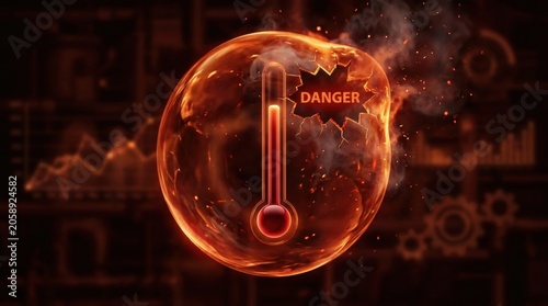 Critical Danger Thermometer: A conceptual illustration depicting a thermometer showing dangerously high temperatures within a fiery, cracked sphere, symbolizing an urgent crisis or critical condition.
