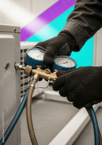 Black gloved hands connecting a refrigerant manifold gauge to an outdoor air conditioning unit for HVAC service, industrial maintenance and technical support