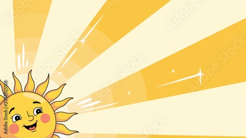 A cartoon smiling sun, from which wide yellow and light orange rays radiate in all directions. A photo with a place for the text.