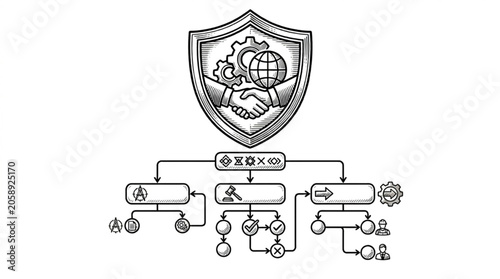 Business organization chart with handshake and gear emblem.