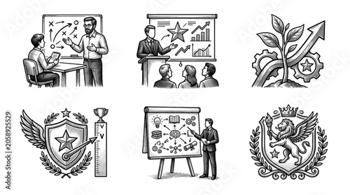 Business meeting presentation and award emblems illustration.