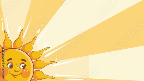 A cartoon smiling sun, from which wide yellow and light orange rays radiate in all directions. A photo with a place for the text.