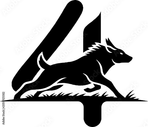 Black and white dog silhouette with number four design.