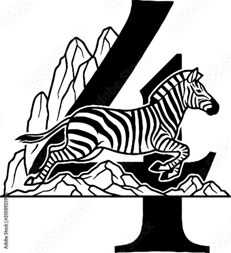 Zebra leaping over stylized letter I with mountain backdrop.