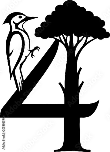 Woodpecker perched on a tree with number four design.