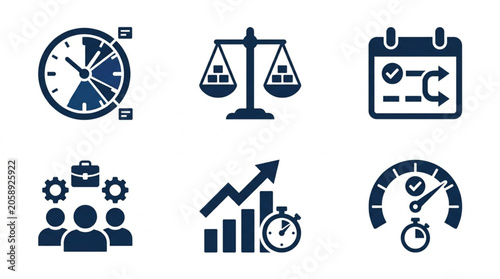 Business Icons Representing Time Management Planning and Growth.