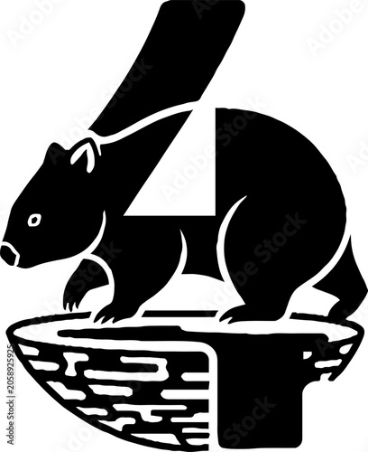 Black and white wombat illustration with number four design.