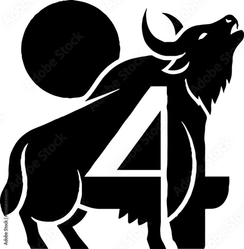 Black and white illustration of a bull with number four.