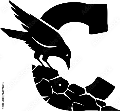 Black Raven Perched on Letter C Design.