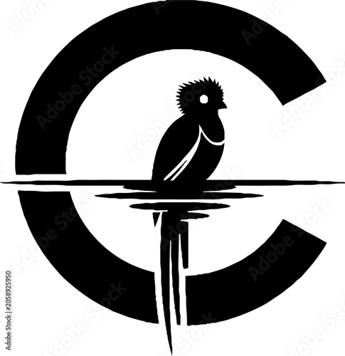 Black and white bird perched on letter C.