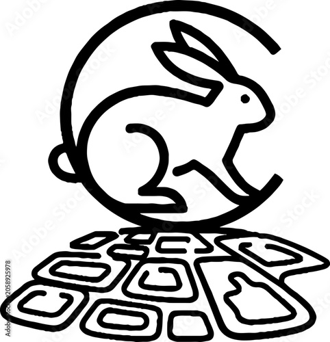 Black and white rabbit illustration with geometric patterns.