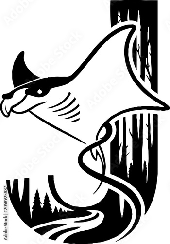 Manta Ray Swimming in Ocean with Trees Reflection.
