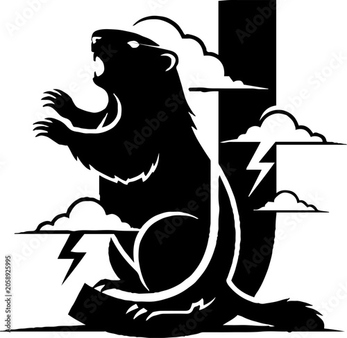 Roaring Bear Silhouette with Lightning Bolts and Clouds.