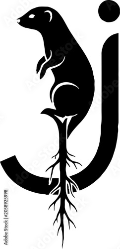 Black and white illustration of a mouse on a letter J.