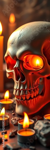 Skull with glowing eyes and candles surrounding it, skeleton, halloween