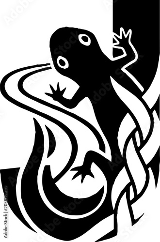Black and white stylized lizard illustration with flames.